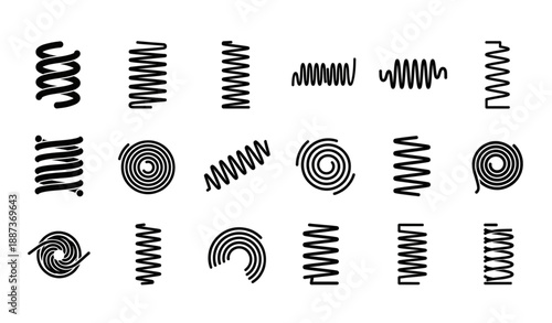 Metal spiral spring and coil silhouette vector icon set isolated on transparent background
