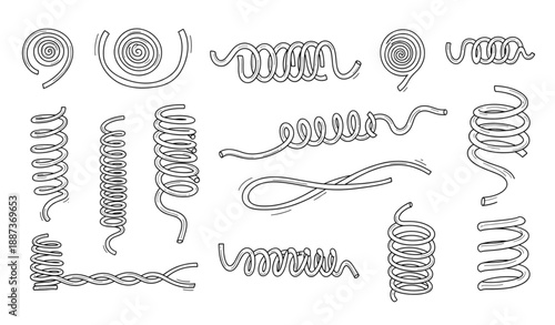 Hand drawn spiral spring and flexible wire coil vector set isolated on transparent background