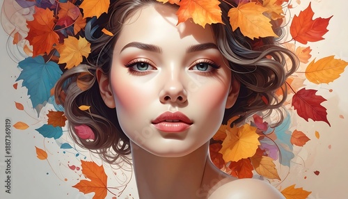 Portrait of a woman with curly hair, adorned with colorful autumn leaves, featuring soft lighting and a warm, inviting glow