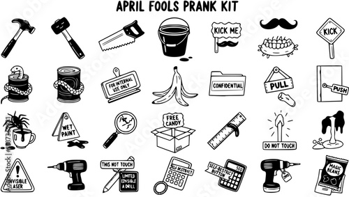 Hand Drawn Doodle Black and White Line Art: April Fools Prank Kit. A Humorous Collection of Practical Jokes, Gag Items, and Funny Trick Objects.