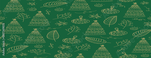 Christmas tree green ana leaves seamless pattern background.