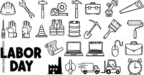 Black and White Line Art Icons Set for Labor Day, featuring a diverse collection of work tools, industrial equipment, construction items, and business symbols.