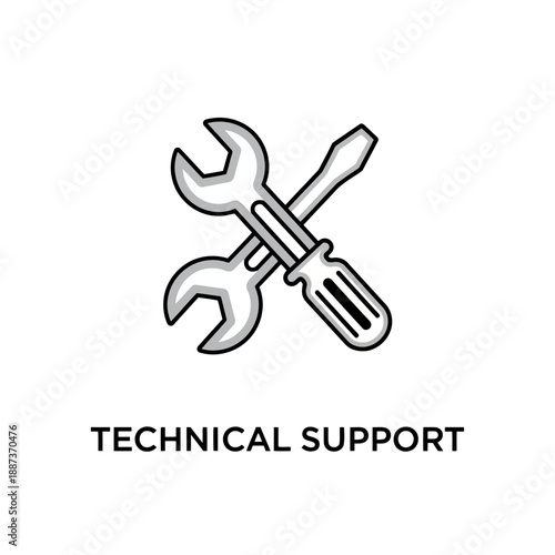 Crossed wrench and screwdriver in monochrome illustration with technical support text in simple clean design for IT services