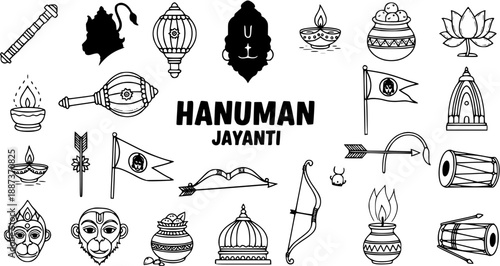 Hanuman Jayanti Vector Icons: Lord Hanuman Symbols, Religious Icons, Indian Culture, Line Art