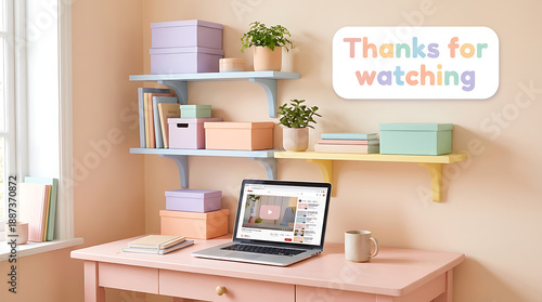 Pastel Home Office with Laptop and Organized Shelves.
