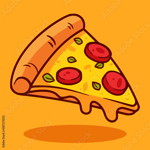 Slice of pizza on orange background. pizza slice with topping motif. Vector illustration