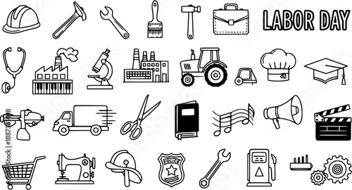 Black and White Line Art Icons for Labor Day: Tools, Industries, and Professions