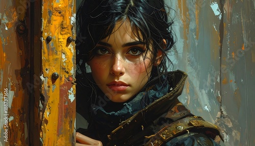 Portrait of a woman with dark hair and striking eyes, partially concealed, framed by a distressed yellow and gray textured backdrop