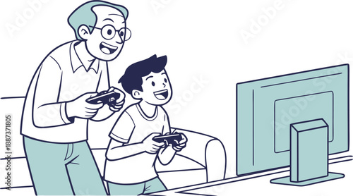 Father and Son Gaming Together: A warm scene of a father and son bonding over a shared gaming experience. They are focused on the screen, holding controllers.