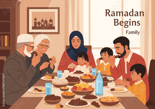 A heartwarming illustration of a family sharing a meal together.  Perfect for depicting togetherness, tradition, and cultural celebrations, especially