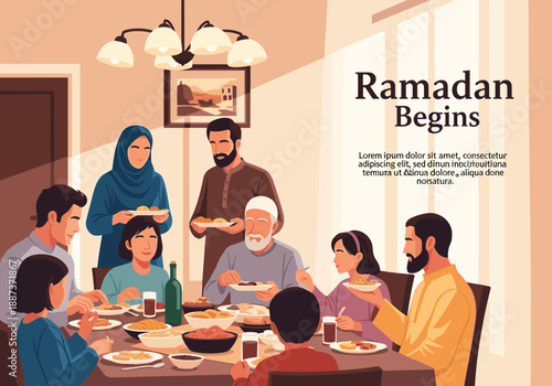 A warm illustration of a family sharing a meal, evoking feelings of togetherness and connection. Ideal for content related to home life, family values