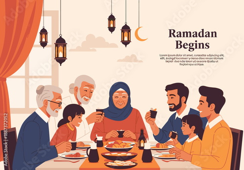 A heartwarming illustration depicting a multigenerational family enjoying a meal together. Perfect for concepts about family, connection, and traditio