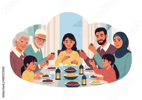 A heartwarming illustration depicting a multi-generational family sharing a meal. Ideal for concepts around family connection, tradition, and together
