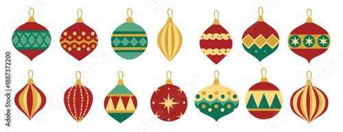 Assortment of decorative Christmas baubles in red, green, and gold christmas ornaments
