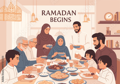 A heartwarming illustration of a multi-generational family sharing a meal during Ramadan. Ideal for representing togetherness, faith, and cultural tra
