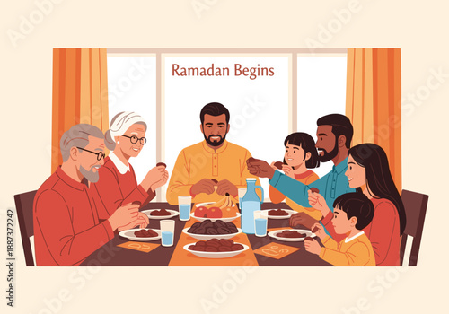 A heartwarming illustration of a family sharing a meal during Ramadan. Ideal for conveying themes of togetherness, tradition, and cultural celebration