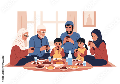 A warm illustration depicting a multigenerational family sharing a meal. Ideal for concepts representing family bonds, togetherness, and cultural trad