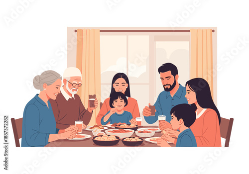 A heartwarming illustration of a family enjoying a meal together at home. Perfect for depicting family values, generational connection, and everyday l