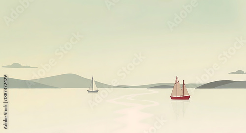 Minimalist Landscape with Sailboats on Calm Water and Distant Hills.