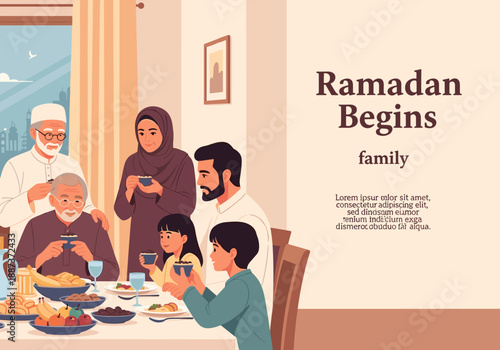 A heartwarming illustration of a multigenerational family sharing a meal together. Ideal for representing family values, tradition, and cultural herit