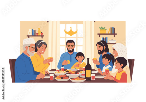 A warm illustration of a family breaking their fast together during Ramadan. Perfect for conveying themes of togetherness, tradition, and cultural cel