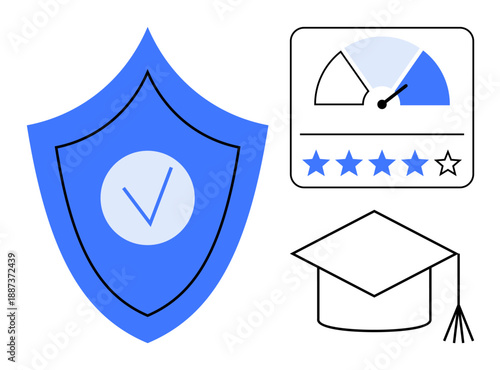 Education security. Shield protection, rating meter for quality assurance, and graduation cap for academic success. Education, certifications, learning platforms, data safety, e-learning tools