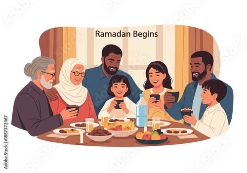 A warm illustration depicts a multi-generational family joyfully sharing a meal during Ramadan. Perfect for illustrating themes of faith, togetherness