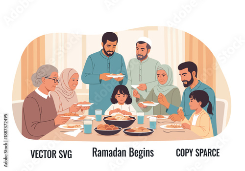 A heartwarming illustration of a multi-generational family enjoying a meal together during Ramadan. Ideal for depictions of togetherness, tradition, a