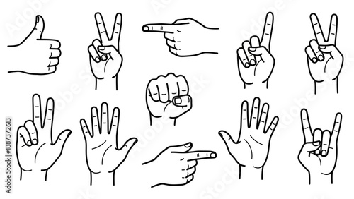 Set of hand gestures in various poses and expressions.