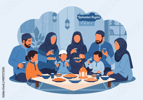 This cozy illustration depicts a Muslim family enjoying a meal, fostering a sense of togetherness and cultural tradition. Ideal for content about fami