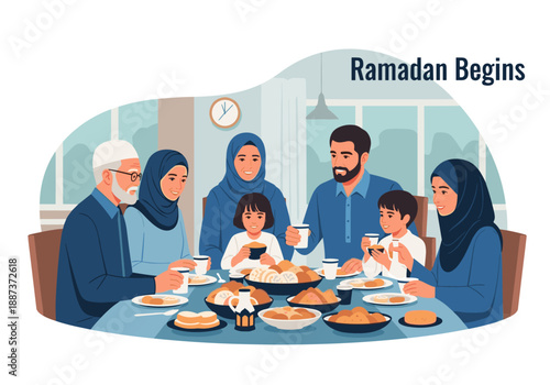 A heartwarming illustration of a multigenerational family enjoying breakfast together. Ideal for content about family values, togetherness, and cultur