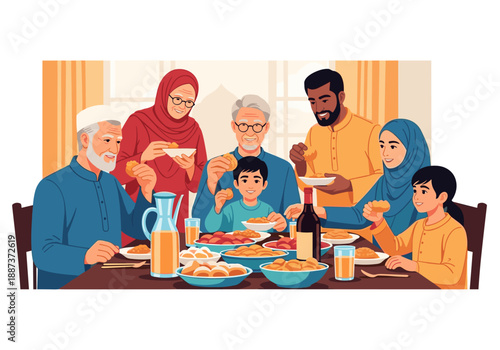 A heartwarming illustration of a multigenerational family enjoying a meal together. Ideal for concepts of togetherness, tradition, and family-oriented