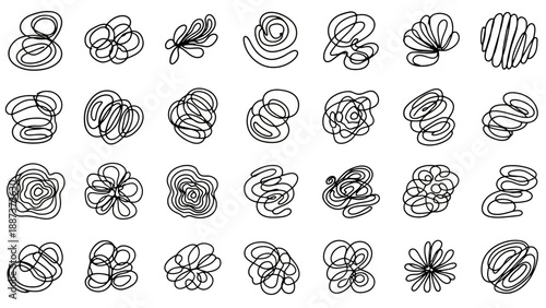 Set of hand drawn scribble shapes, abstract tangled lines.