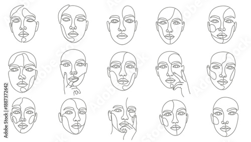 Set of minimalist line art faces showcasing diverse human expressions.