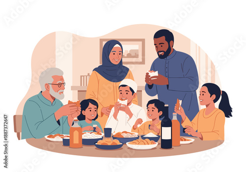 A warm illustration of a multi-generational family enjoying a meal together, conveying feelings of togetherness and connection. Ideal for illustrating
