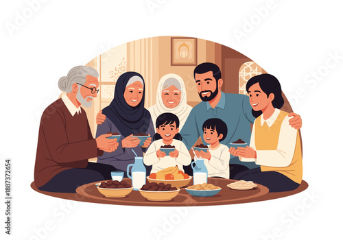 A heartwarming illustration depicting a multi-generational family enjoying a meal together, evoking feelings of connection, tradition, and domestic bl