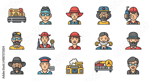 Diverse collection of worker icons depicting various professions and headwear styles