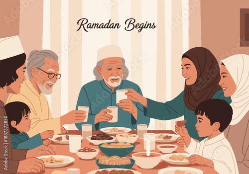 A warm illustration of a multi-generational family breaking fast during Ramadan. Ideal for representing tradition, togetherness, and cultural celebrat