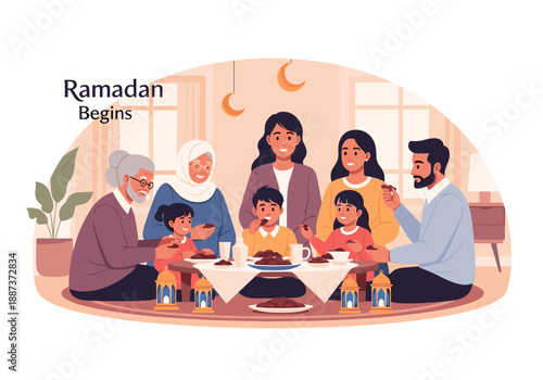 A heartwarming illustration of a multi-generational family sharing a meal to celebrate Ramadan. Perfect for seasonal greetings, cultural content, or p