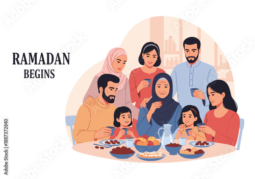 A warm illustration depicting a family sharing a meal during Ramadan. Perfect for greetings, holiday themes, or promoting a sense of togetherness and 