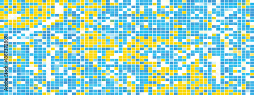 Bright yellow and blue pixelated mosaic grid with geometric square pattern background