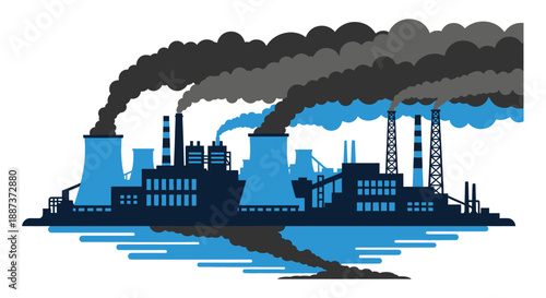 Industrial pollution factory silhouette with smoke stacks releasing dark emissions