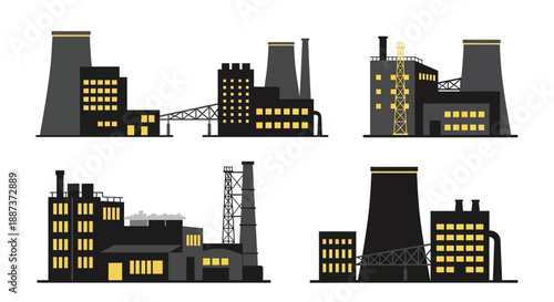 Industrial complex illustration featuring factories power plants and transmission towers