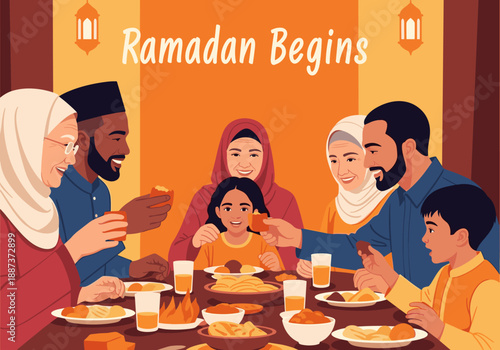 A warm illustration of a multigenerational family enjoying a meal together during Ramadan. Perfect for conveying themes of togetherness, faith, and cu