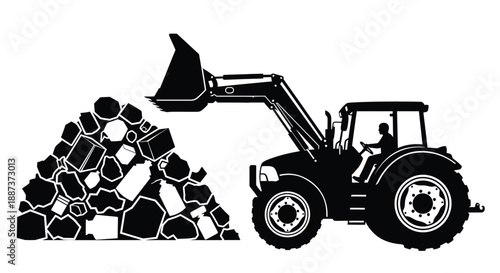 A black and white illustration of a tractor loading rocks into its bucket