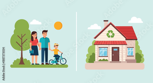 Family with a bicycle and eco friendly house under a sunny sky