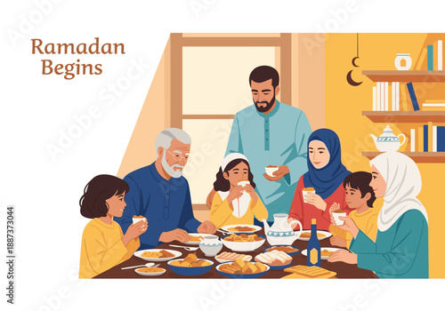 A heartwarming illustration of a family sharing a meal during Ramadan. Ideal for depicting togetherness, tradition, and the spirit of fasting and cele