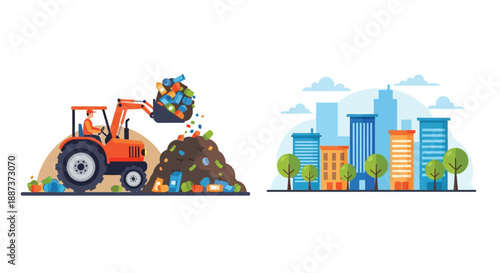 Construction vehicle dumping waste near a cityscape with trees and buildings
