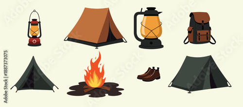 camping essentials illustration featuring tents boots 