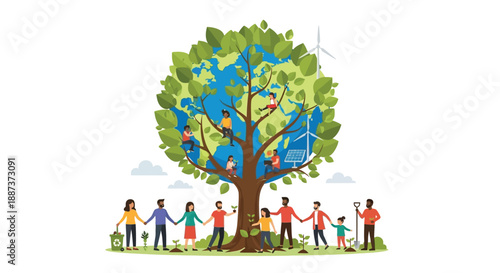 A vibrant tree shaped like earth representing unity and environmental stewardship